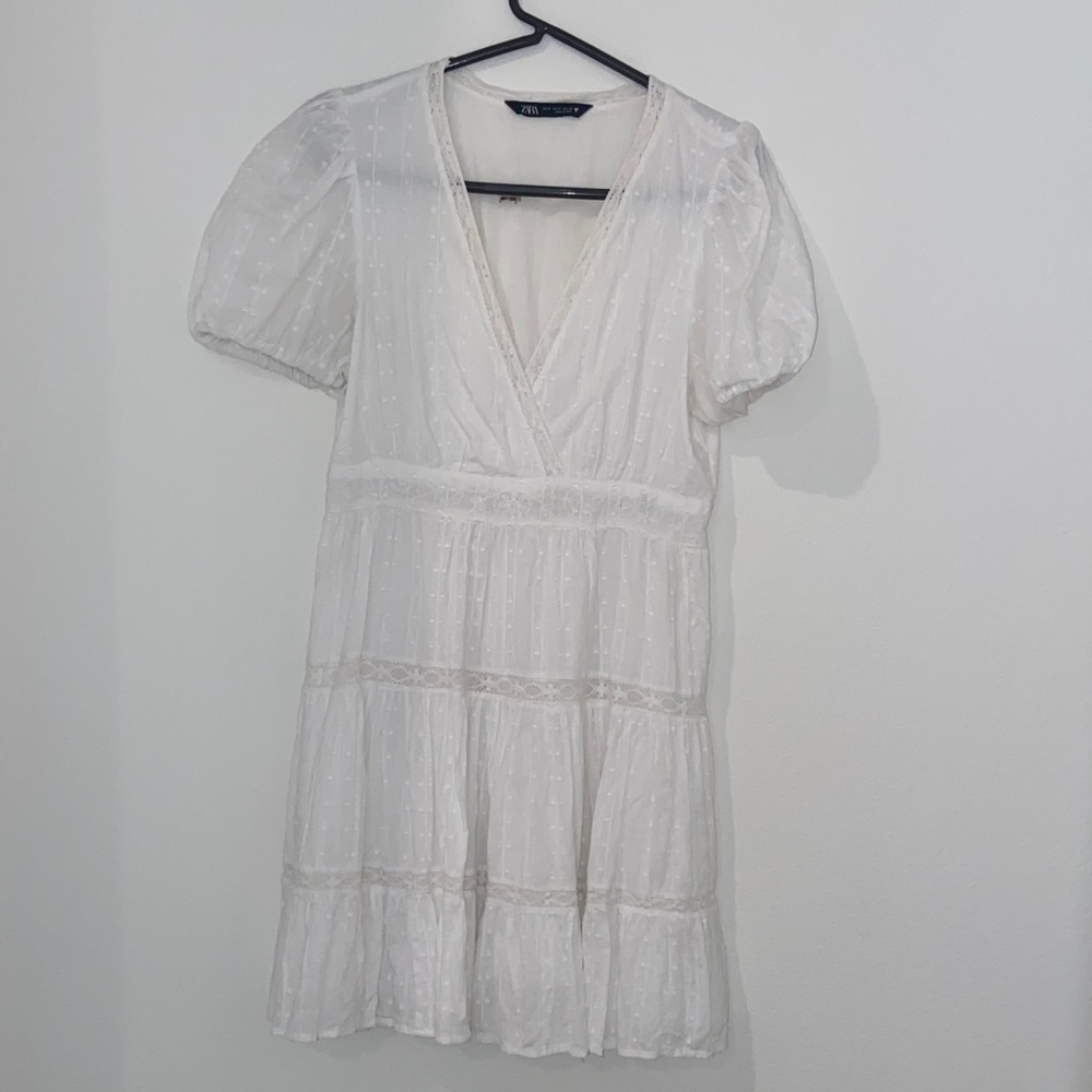 Zara White Puff Sleeve Mini Dress, size S